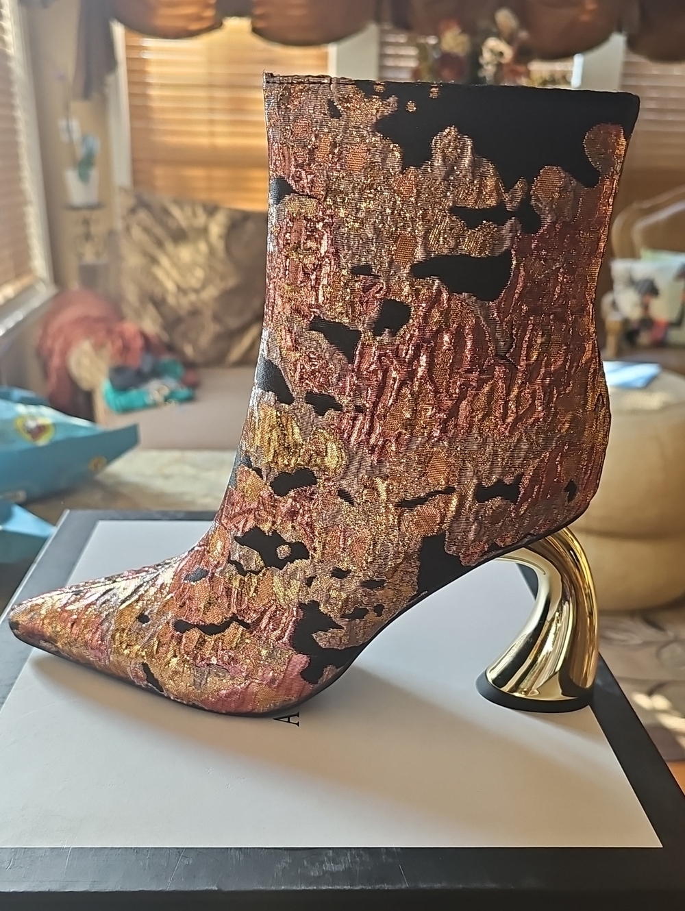 Azalea Wang  Metallic Pink & Gold Brocade Pointed Ankle Boot W Sculpted Heel